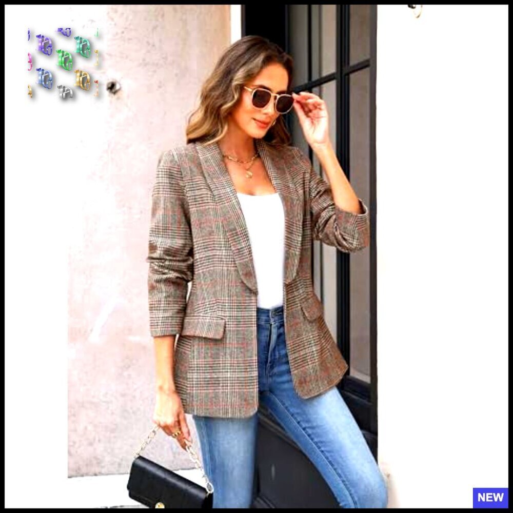 Shawl Collar Plaid Blazer Boyfriend Fit Business Casual Office Jacket - Picture 4 of 6
